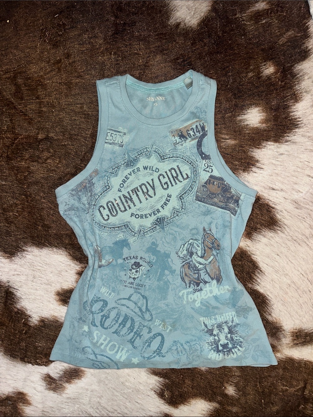 Country Girl Sleeveless Graphic Tank Top - Light Blue